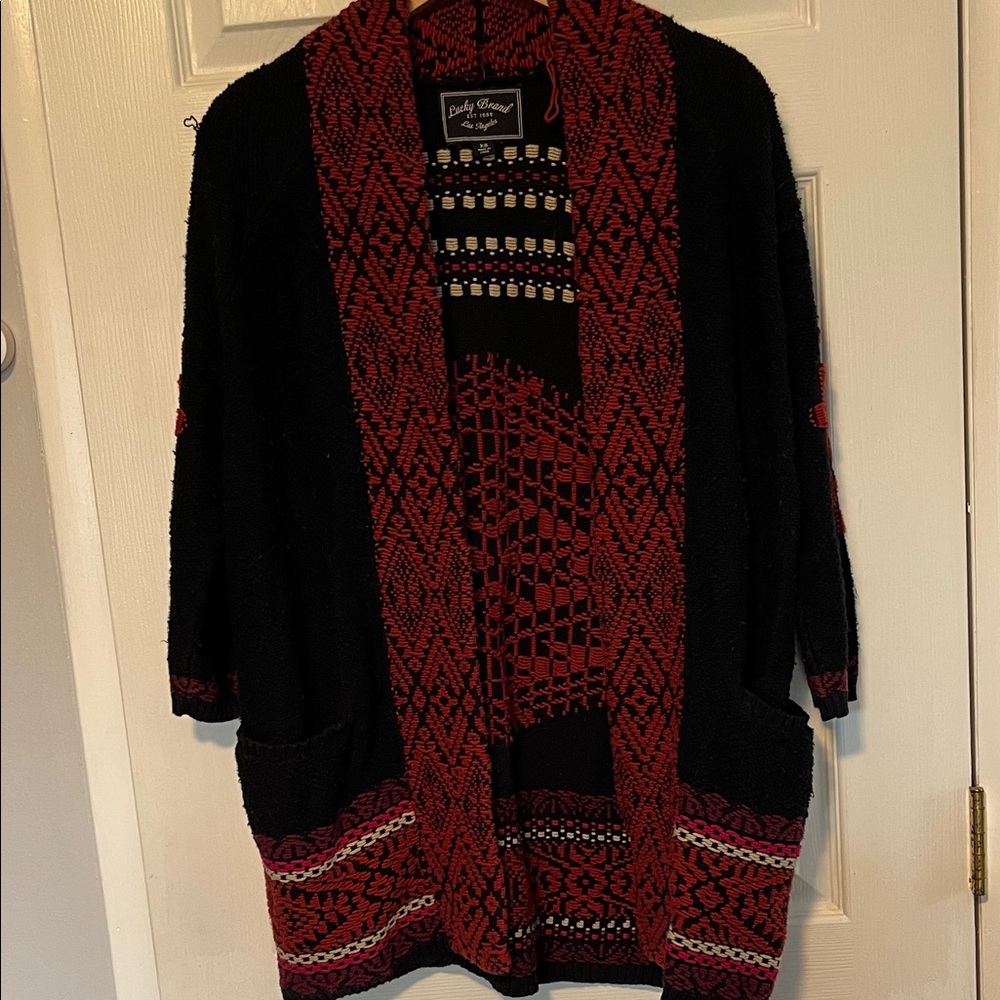 Lucky Brand Black and Red Patterned Open-Front Cardigan